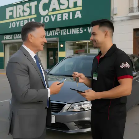 Perito certificado evaluando vehículo en sucursal First Cash