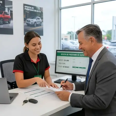 Cliente firmando contrato de préstamo con asesor